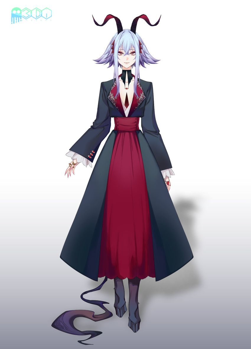 1other 3di_project androgynous artist_request black_dress blue_hair closed_mouth collared_shirt dress goat_horns goat_tail gradient gradient_background highres horns logo long_sleeves mortia_(3di) official_art shadow shirt short_hair short_hair_with_long_locks sidelocks solo wide_sleeves yellow_eyes