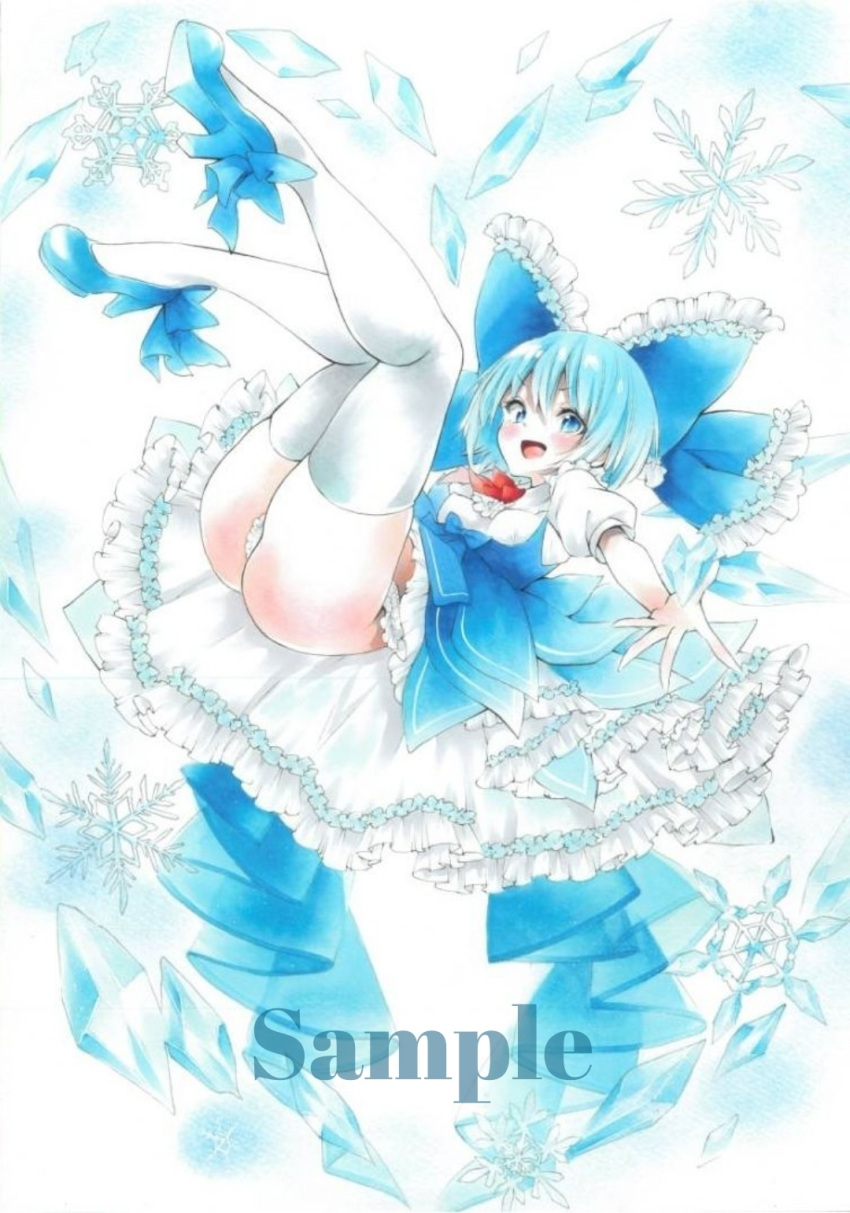 1girl :d arim0k0 ass bangs blue_bow blue_dress blue_eyes blue_footwear blue_hair bow cirno dress frilled_bow frills full_body hair_bow high_heels highres ice ice_wings looking_at_viewer open_mouth panties pantyshot puffy_short_sleeves puffy_sleeves sample_watermark short_hair short_sleeves smile snowflakes solo thigh-highs touhou underwear white_legwear white_panties wings