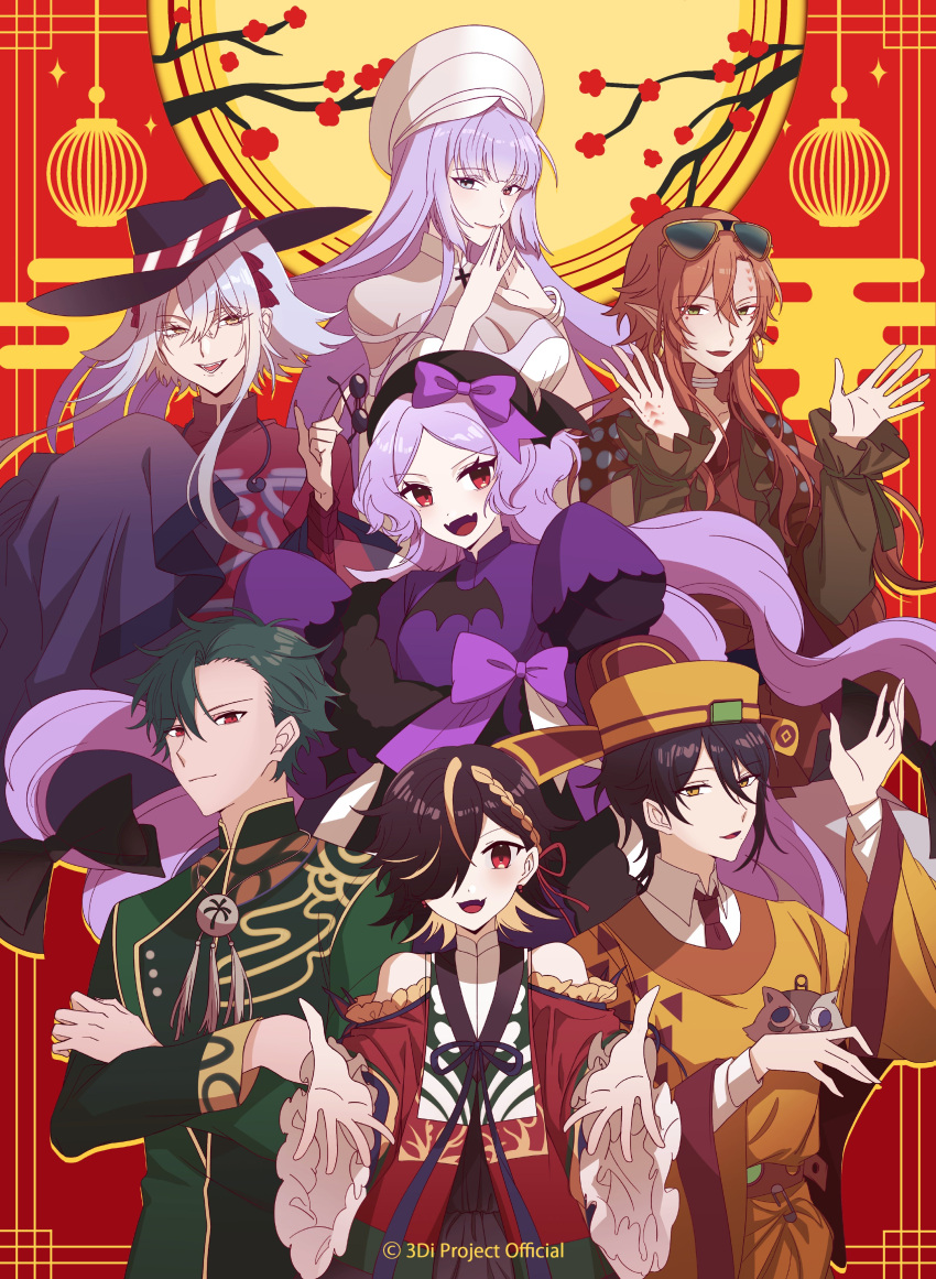 1other 3boys 3di_project 3girls absurdres androgynous bangs celene_(3di) drudrusilla_purple highres jortun_leventor light_blue_hair light_purple_hair long_sleeves looking_at_viewer marcheline mortia_(3di) multiple_boys multiple_girls official_art open_mouth red_eyes rigu_(3di) thanh_loc traditional_clothes vici_(3di) virtual_youtuber yellow_eyes