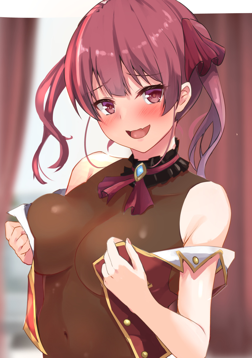 1girl :d absurdres akazawa_kureha ascot bare_shoulders blurry blurry_background blush bodystocking breasts covered_navel fang highres hololive houshou_marine long_hair looking_at_viewer medium_breasts open_mouth red_eyes redhead smile solo twintails undressing upper_body virtual_youtuber