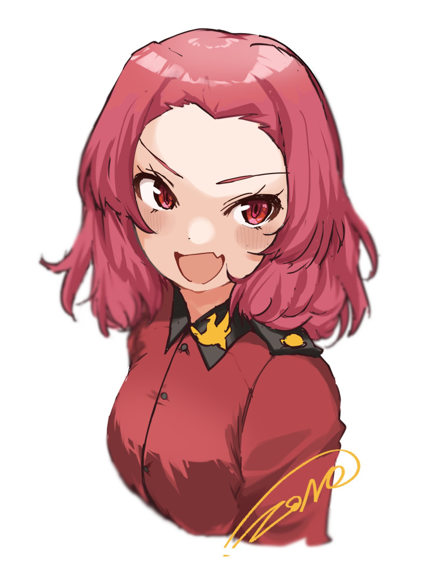 1girl :d artist_name commentary fang girls_und_panzer highres jacket looking_at_viewer medium_hair military military_uniform open_mouth red_eyes red_jacket redhead rosehip_(girls_und_panzer) signature simple_background skin_fang smile solo st._gloriana's_military_uniform uniform upper_body white_background zono_(inokura_syuzo029)