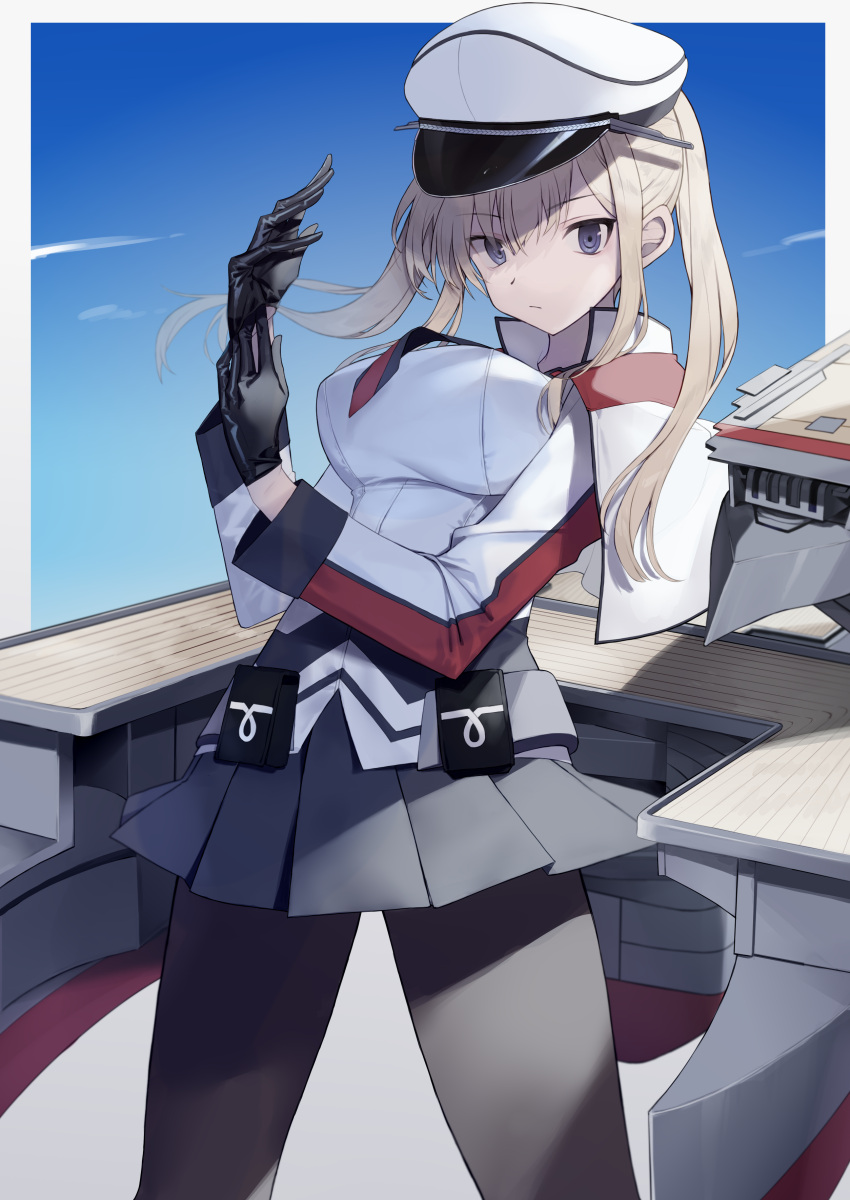 1girl absurdres black_gloves black_legwear blonde_hair breasts capelet cowboy_shot cross gloves graf_zeppelin_(kancolle) grey_eyes hair_between_eyes hat highres jacket kantai_collection large_breasts looking_at_viewer machinery military military_hat military_uniform miniskirt multicolored_background necktie pantyhose peaked_cap picoli1313 sidelocks simple_background skirt solo tsurime twintails uniform white_background