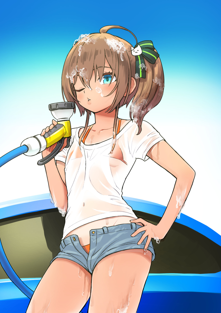 1girl bikini blowing blue_eyes brown_hair car cat_hair_ornament contrapposto covered_navel denim denim_shorts flat_chest ground_vehicle hair_ornament hair_ribbon highres hololive hose hose_nozzle motor_vehicle natsuiro_matsuri one_eye_closed orange_bikini ribbon sabaku_chitai see-through_shirt shirt short_shorts shorts side_ponytail sidelocks solo swimsuit swimsuit_under_clothes t-shirt tan tanlines unbuttoned_shorts wet wet_clothes wet_shirt