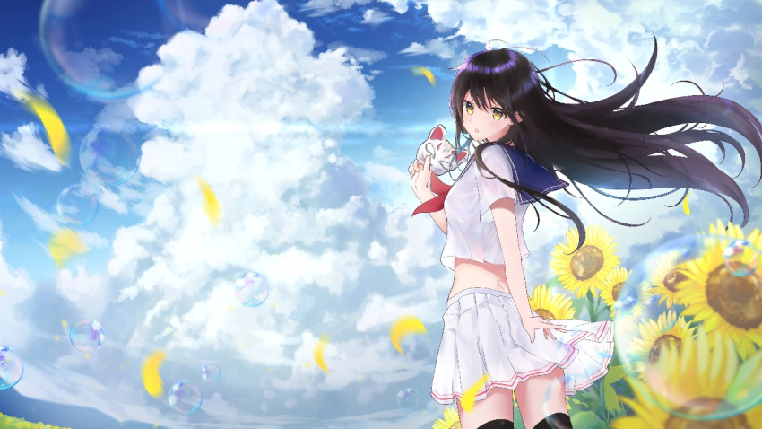 1girl aisaa_aoi bangs black_hair black_legwear blue_sky bubble clothes_lift crop_top crop_top_overhang cumulonimbus_cloud flower fox_mask hair_lift long_hair looking_at_viewer looking_back mask midriff miniskirt original outdoors pleated_skirt school_uniform serafuku shirt short_sleeves skirt skirt_lift sky standing summer sunflower thigh-highs white_shirt yellow_eyes zettai_ryouiki