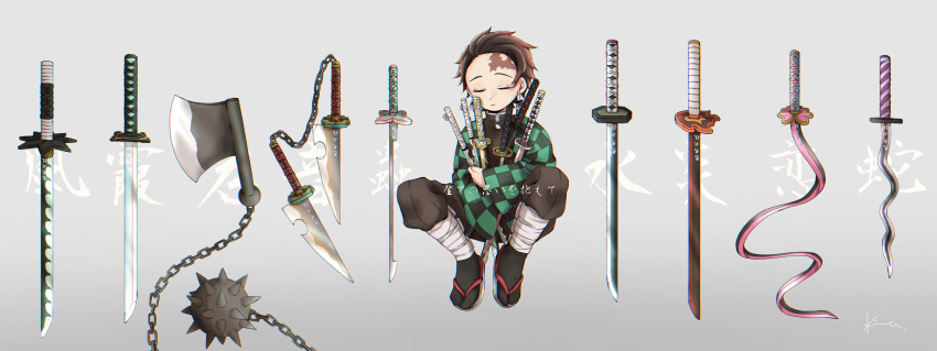 1boy axe ball_and_chain_(weapon) black_hair black_pants borrowed_weapon chain checkered_haori closed_eyes earrings facing_viewer grey_background haori highres holding invisible_chair japanese_clothes jewelry kamado_tanjirou katana kimetsu_no_yaiba kinoco0401 leg_wrap long_sleeves male_focus object_hug pants scar scar_on_face scar_on_forehead simple_background sitting solo spiked_ball_and_chain sword tabi translation_request uniform weapon weapon_focus whip_sword wide_sleeves zouri