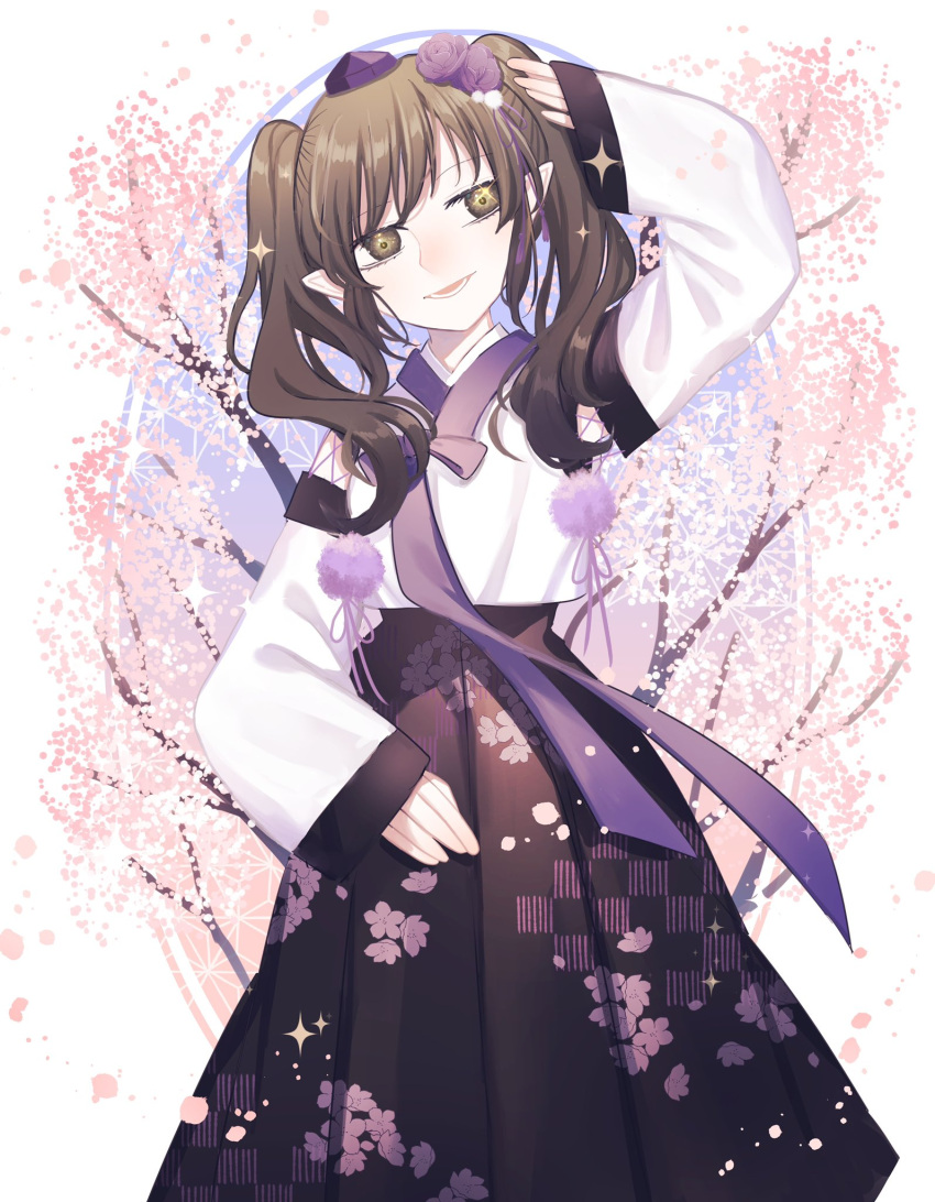 1girl adapted_costume bare_shoulders black_skirt blouse brown_eyes brown_hair checkered_clothes checkered_skirt cherry_blossoms closed_mouth detached_sleeves floral_print hat highres himekaidou_hatate lips long_skirt long_sleeves medium_hair no_wings patterned_clothing pointy_ears purple_headwear purple_sash purple_skirt sash skirt smile tokin_hat toraneko_2 touhou twintails white_blouse white_sleeves wide_sleeves