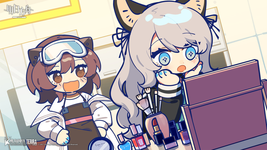 +_+ 2girls :d :o animal_ears arknights black_ribbon blue_eyes blue_nails blush brown_eyes brown_hair brown_overalls cat_ears chibi coat company_name copyright copyright_name cosmetics dutch_angle ear_piercing excited eyebrows_visible_through_hair goggles goggles_on_head grey_hair hair_ribbon hands_on_hips hands_on_own_face highres indoors lipstick_tube mint_(arknights) mirror multiple_girls nail_polish_bottle off_shoulder official_art open_clothes open_coat otter_ears overalls piercing ribbon roberta_(arknights) shirt smile white_coat white_shirt