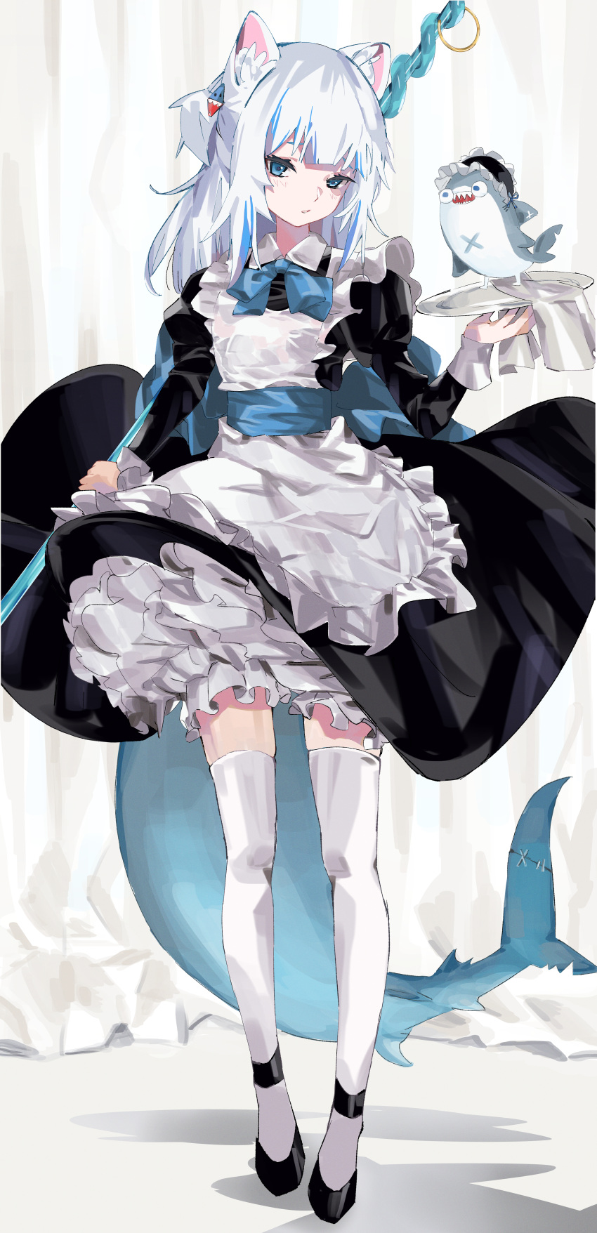 1girl absurdres alternate_costume animal_ears apron bine_kun black_dress black_footwear bloop_(gawr_gura) blue_eyes blue_hair blue_neckwear bow cat_ears commentary dress english_commentary fish_tail frilled_apron frills full_body gawr_gura hair_ornament highres hololive hololive_english long_hair long_sleeves maid maid_apron mixed-language_commentary multicolored_hair polearm shark_girl shark_hair_ornament shark_tail silver_hair simple_background solo standing streaked_hair tail thigh-highs trident virtual_youtuber weapon white_apron white_background white_legwear