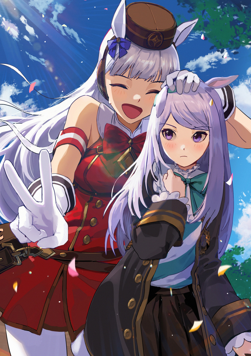 2girls :d absurdres animal_ears bangs black_coat black_skirt blue_sky bow bowtie brown_headwear closed_mouth clouds cloudy_sky coat gloves gold_ship_(umamusume) green_bow green_bowtie hair_bow headpat highres horse_ears horse_girl kawa683 long_hair long_sleeves looking_at_another mejiro_mcqueen_(umamusume) multiple_girls open_mouth outdoors purple_hair red_bow red_bowtie red_shirt shirt skirt sky sleeveless sleeveless_shirt smile tree umamusume v violet_eyes white_gloves white_legwear