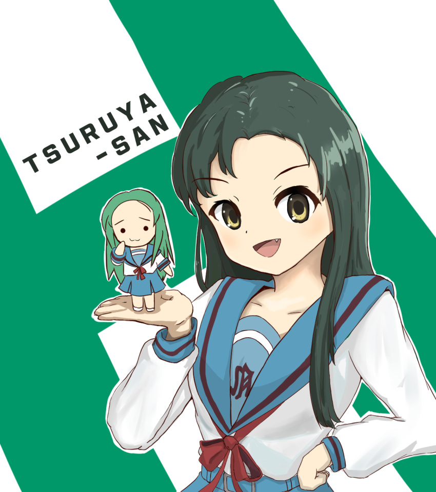 2girls :3 :d bangs belt blue_sailor_collar blue_skirt character_name chibi churuya collarbone commentary_request eyebrows_visible_through_hair fang forehead green_eyes green_hair h hand_on_hip highres kita_high_school_uniform korean_commentary long_hair long_sleeves looking_at_viewer mintchoco_(minchothudong) multiple_girls open_mouth red_ribbon ribbon sailor_collar school_uniform serafuku skirt smile solo suzumiya_haruhi_no_yuuutsu tsuruya upper_body white_background