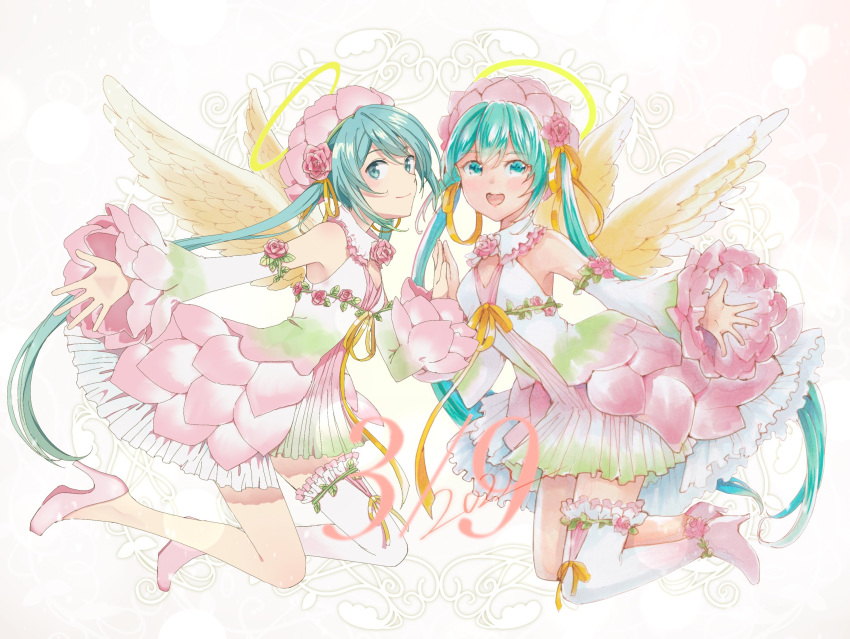 2girls 39 agonasubi angel angel_wings aqua_eyes aqua_hair bare_shoulders collaboration commentary detached_sleeves dress feathered_wings flower from_side full_body hair_flower hair_ornament halo hatsune_miku high_heels highres layered_dress legs_up long_hair looking_at_viewer looking_to_the_side lotus mayo_riyo multicolored_clothes multicolored_dress multiple_girls open_mouth outstretched_arm pink_dress pink_flower pink_footwear pink_sleeves ribbon shirt single_thighhigh sleeveless sleeveless_shirt slippers smile symmetry thigh-highs twintails very_long_hair vocaloid white_background white_dress white_legwear white_sleeves wide_sleeves wings