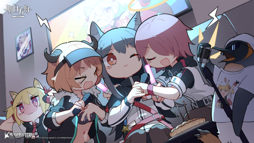 &gt;_&lt; 1boy 4girls :d animal animal_ears apple_pie arknights beanie belt bird black_gloves black_hair black_jacket black_legwear black_shorts black_tube_top black_vest blonde_hair blush bow character_print claws closed_eyes clothes_writing collared_shirt company_name copyright copyright_name couch covering_ears cow_horns croissant_(arknights) detached_wings dutch_angle ear_piercing embarrassed energy_wings exusiai_(arknights) food fur-trimmed_jacket fur_trim gloves hair_bow hair_over_one_eye halo hat highres holding holding_microphone holding_microphone_stand horns indoors jacket karaoke long_hair long_sleeves microphone microphone_stand midriff multicolored_clothes multicolored_jacket multiple_girls music navel necktie official_art one_eye_closed open_mouth orange_hair pantyhose penguin penguin_logistics_logo picture_(object) picture_frame piercing pocky red_belt red_bow red_eyes red_necktie redhead shirt short_hair shorts singing sitting smile sora_(arknights) star_(symbol) strapless sunglasses t-shirt texas_(arknights) the_emperor_(arknights) tube_top twintails two-tone_jacket vest visor_cap white_headwear white_jacket white_shirt wings wolf_ears xd