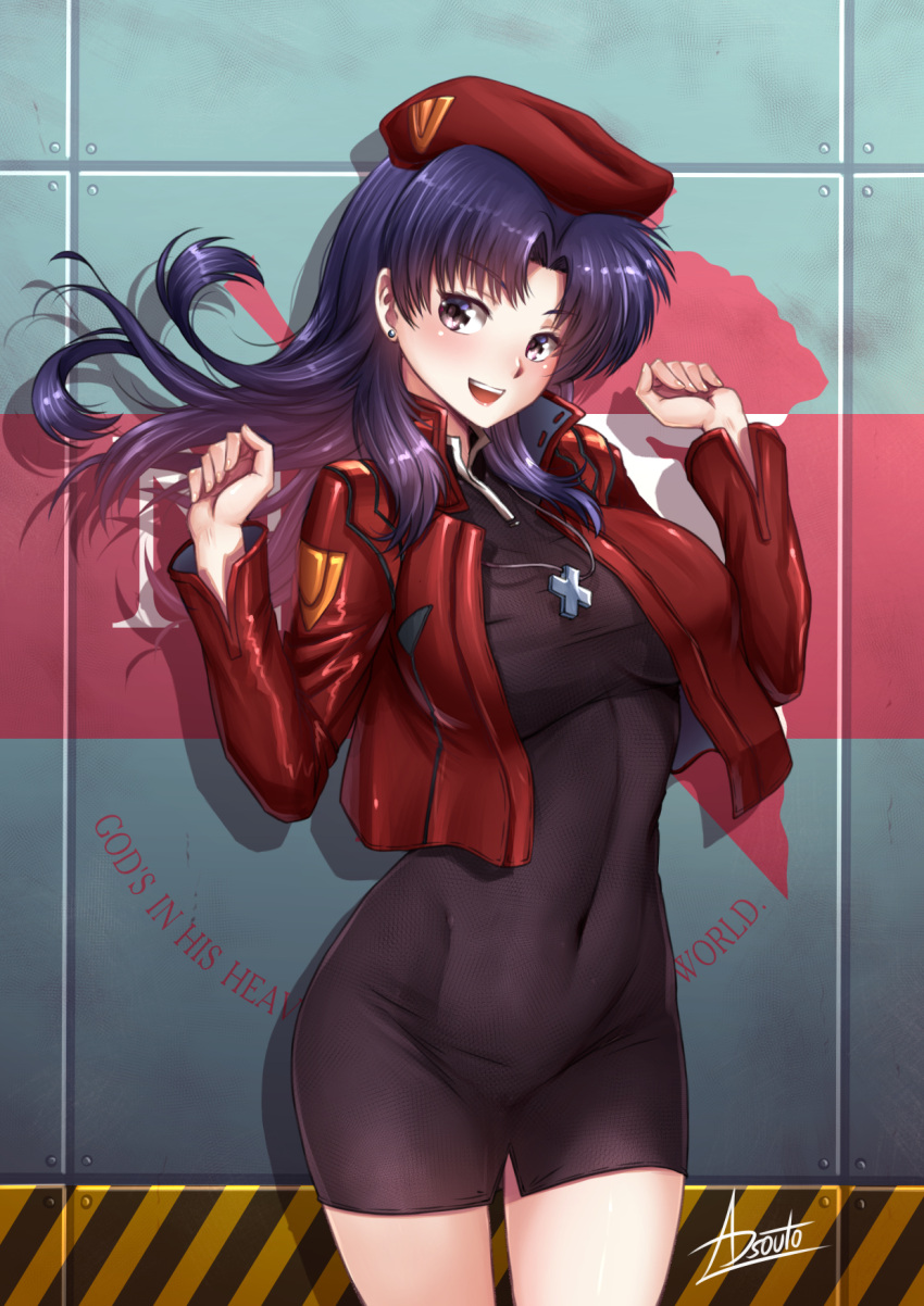1girl :d adsouto bangs beret black_dress breasts brown_eyes covered_navel cowboy_shot cropped_jacket cross dress ear_piercing english_text floating_hair hands_up hat highres jacket jewelry katsuragi_misato large_breasts long_hair looking_at_viewer neon_genesis_evangelion open_mouth pendant piercing purple_hair red_headwear red_jacket signature smile solo tight tight_dress