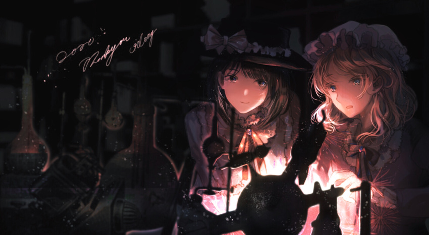 2girls bangs black_bow black_bowtie black_headwear blonde_hair blue_eyes blunt_bangs bow bowtie brown_hair chemistry_set closed_mouth commentary doramu dress eyebrows_visible_through_hair fedora flask frilled_sleeves frills glowing hat hat_bow highres long_sleeves looking_at_another looking_at_object maribel_hearn medium_hair mob_cap multiple_girls neckerchief parted_lips purple_dress red_neckerchief shirt short_hair smile touhou upper_body usami_renko wavy_hair white_bow white_headwear white_shirt
