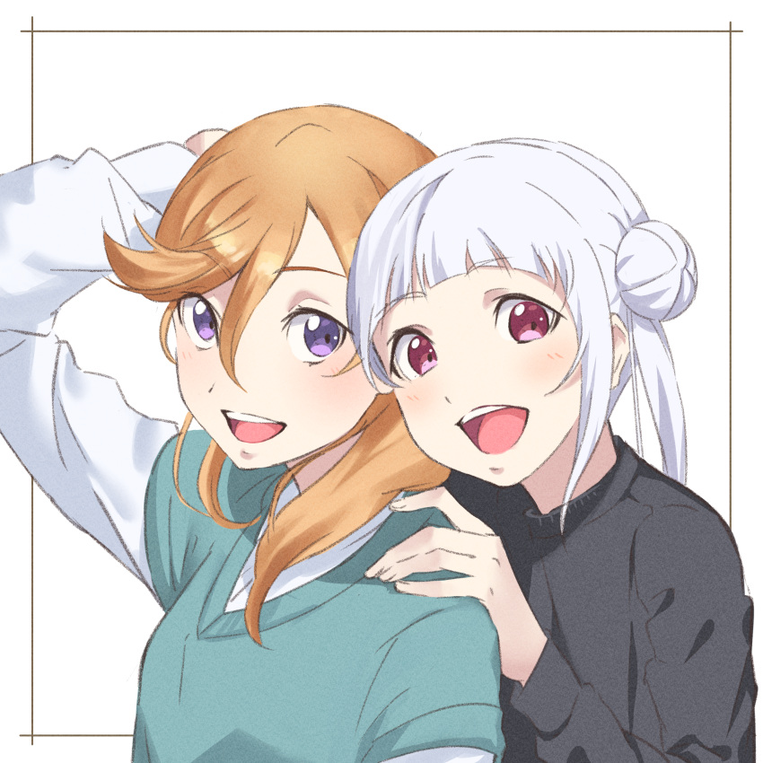 2girls :d absurdres arashi_chisato arm_up black_sweater blue_sweater blush brown_hair hair_bun hand_on_another's_shoulder highres layered_sleeves long_hair long_sleeves looking_at_viewer love_live! love_live!_superstar!! multiple_girls open_mouth red_eyes repurika shibuya_kanon shirt short_over_long_sleeves short_sleeves silver_hair smile sweater upper_body violet_eyes white_background white_shirt