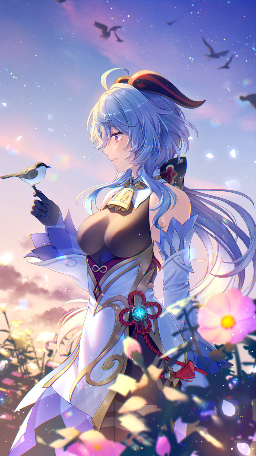 1girl absurdres ahoge akatsuki_(4941086) bare_shoulders bell bird black_gloves blue_hair bow breasts chinese_knot detached_sleeves dusk evening eyebrows_visible_through_hair flower flower_knot ganyu_(genshin_impact) genshin_impact gloves gold_trim gradient_sky highres horns light_smile long_hair looking_at_another looking_to_the_side low_ponytail medium_breasts neck_bell orange_sky outdoors petals red_rope rope sidelocks sky solo standing tassel violet_eyes vision_(genshin_impact) white_sleeves