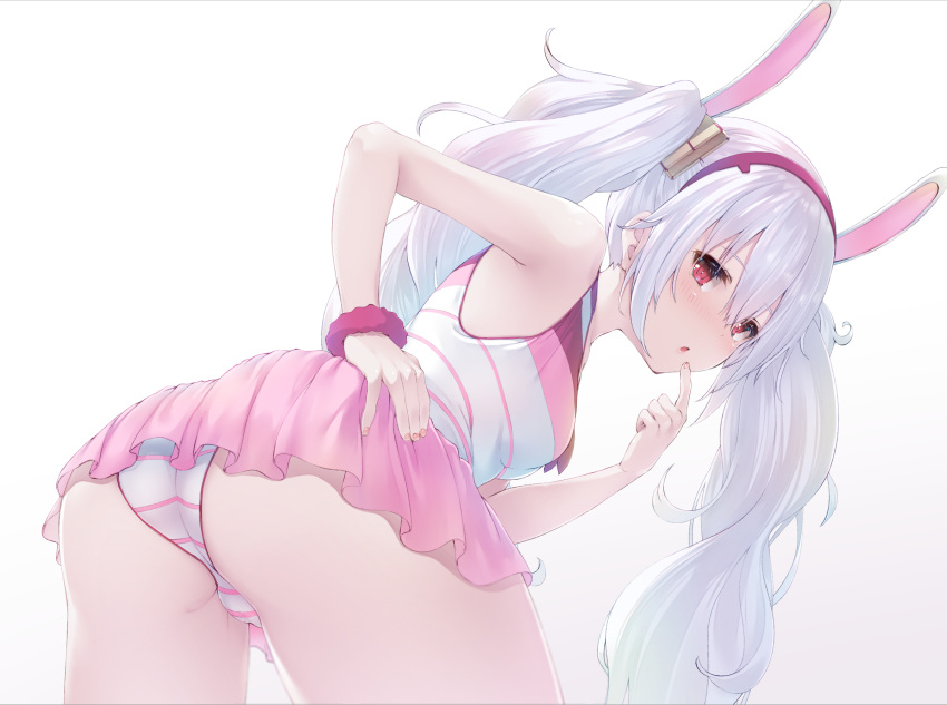 1girl :o animal_ears ass azur_lane bangs bare_shoulders bent_over breasts fake_animal_ears finger_to_mouth from_behind grey_background hair_between_eyes hairband highres laffey_(azur_lane) legs_apart long_hair looking_at_viewer medium_breasts nail_polish nakazawa_aki one-piece_swimsuit open_mouth pink_nails pink_skirt pleated_skirt rabbit_ears red_eyes scrunchie silver_hair simple_background skirt solo striped striped_swimsuit swimsuit tank_top thighs twintails very_long_hair wrist_scrunchie