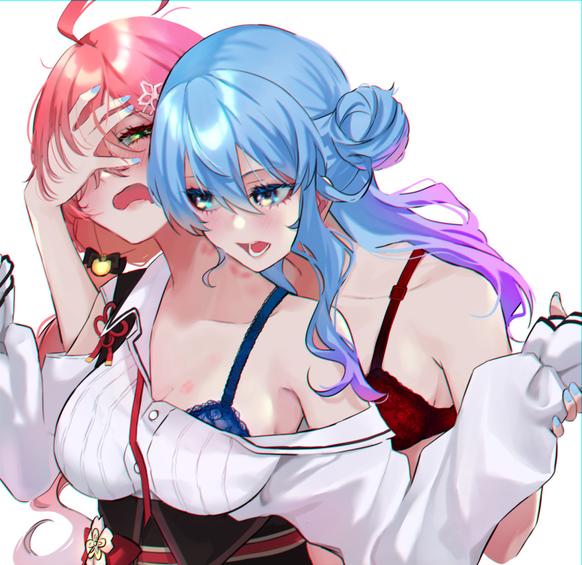 2girls bangs bite_mark blue_bra blue_eyes blue_hair blue_nails bra breasts flower gradient_hair green_eyes hair_between_eyes hair_bun hair_flower hair_ornament half-closed_eyes hand_on_another's_face highres holding_another's_wrist hololive hoshimachi_suisei large_breasts long_sleeves looking_at_another multicolored_hair multiple_girls nail_polish off_shoulder pink_hair purple_hair red_bra saco_(cgmore) sakura_miko shirt side_bun simple_background twintails underwear white_background white_shirt yuri