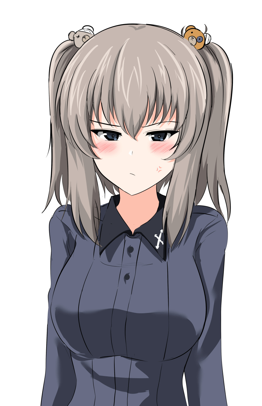 1girl absurdres aikir_(jml5160) alternate_hairstyle anger_vein angry bangs bear_hair_ornament blue_eyes blush boko_(girls_und_panzer) closed_mouth commentary dress_shirt eyebrows_visible_through_hair frown girls_und_panzer glaring grey_shirt hair_ornament half-closed_eyes highres insignia itsumi_erika kuromorimine_school_uniform looking_at_viewer medium_hair school_uniform shirt silver_hair simple_background solo two_side_up upper_body white_background wing_collar