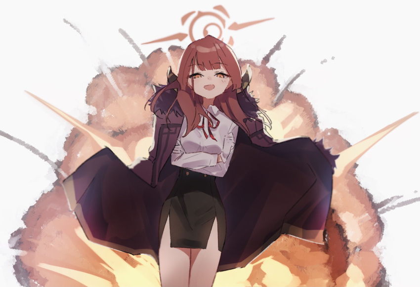 1girl :d aru_(blue_archive) bare_legs black_skirt blue_archive coat coat_on_shoulders collared_shirt crossed_arms demon_horns epi_zero explosion eyebrows_visible_through_hair feet_out_of_frame fur-trimmed_coat fur_trim gloves highres horns long_hair long_sleeves looking_at_viewer neck_ribbon open_clothes open_coat pencil_skirt pink_hair red_coat red_ribbon ribbon shirt shirt_tucked_in simple_background skirt smile solo white_background white_gloves white_shirt yellow_eyes