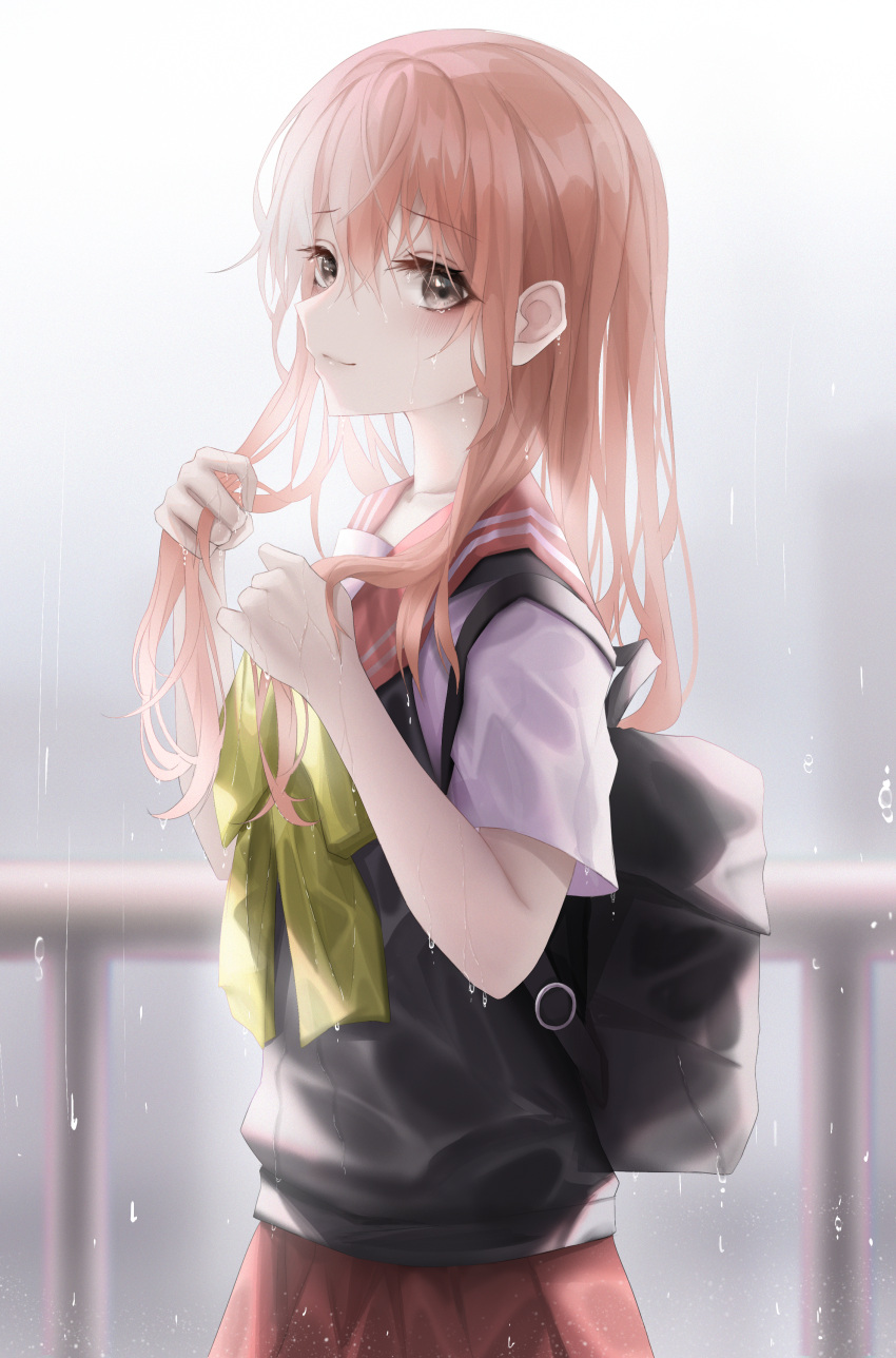 1girl absurdres backpack bag bangs black_legwear blurry blurry_background blush bow breasts brown_bow collarbone depth_of_field eyebrows_visible_through_hair flower grey_eyes hair_between_eyes hands_up highres holding holding_hair inui_sajuna long_hair outdoors pink_hair rain red_sailor_collar red_skirt rose sailor_collar school_uniform see-through shirt short_sleeves skirt small_breasts smile solo sono_bisque_doll_wa_koi_wo_suru standing sweater_vest thigh-highs turbulence wet wet_clothes wet_hair wet_shirt white_shirt