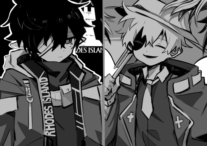 2897419513 2boys absurdres arknights bishounen black_hair closed_mouth faust_(arknights) greyscale hat highres jacket male_focus mephisto_(arknights) monochrome multiple_boys necktie one_eye_covered rhodes_island_logo shirt short_hair smile umbrella white_background white_hair