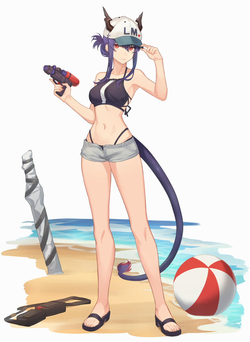 1girl absurdres after3310 arknights arm_up armpits bag ball bare_arms bare_legs bare_shoulders baseball_cap beach beachball bikini bikini_under_clothes black_bikini black_footwear ch'en_(arknights) closed_mouth collarbone dragon_girl dragon_horns dragon_tail female_tourist_c_(arknights) folded_ponytail full_body grey_shorts hand_on_headwear hat heart highres holding horns horns_through_headwear looking_at_viewer navel open_clothes open_shorts planted red_eyes sandals shorts sidelocks simple_background solo standing stomach swimsuit tail trigger_discipline water water_gun white_background white_headwear