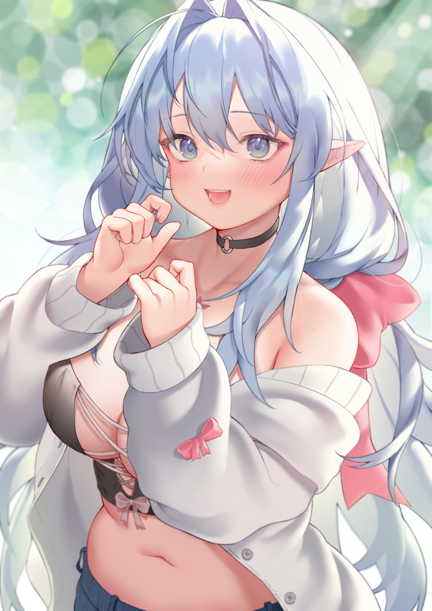 bangs belly blue_eyes breasts demon_girl elf highres jewelry large_breasts long_hair long_sleeves navel neck_ring non-human open_clothes original plump pointy_ears ribbon silver_hair smile solo tied_hair zhaofeng_yinyue