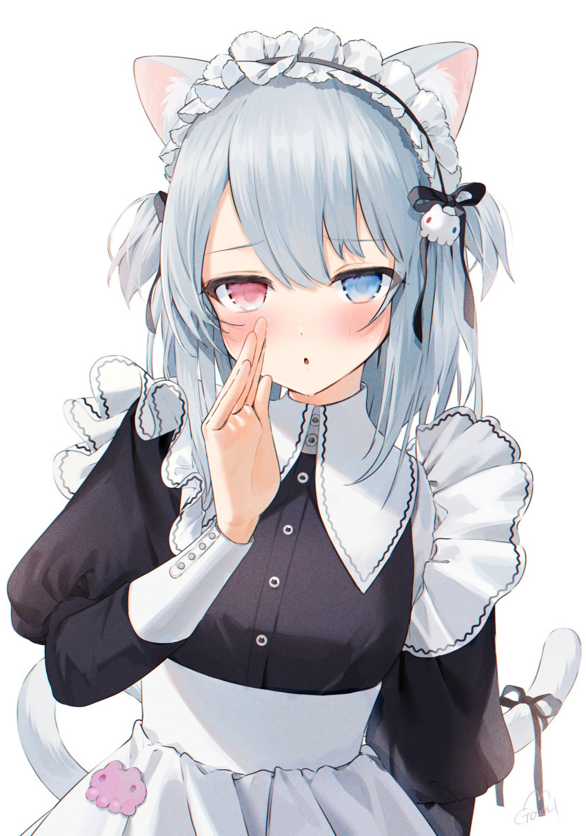 1girl :o animal_ear_fluff animal_ears arm_at_side bangs black_ribbon blue_eyes breasts cat_ears cat_girl cat_tail collared_dress commentary_request confession copyright_request dress frills gotoh510 grey_hair hair_ribbon hand_up heterochromia highres jitome juliet_sleeves long_hair long_sleeves looking_at_viewer maid maid_headdress octopus_hair_ornament puffy_sleeves red_eyes ribbon simple_background solo sweat tail tail_ornament tail_ribbon two_side_up whispering white_background