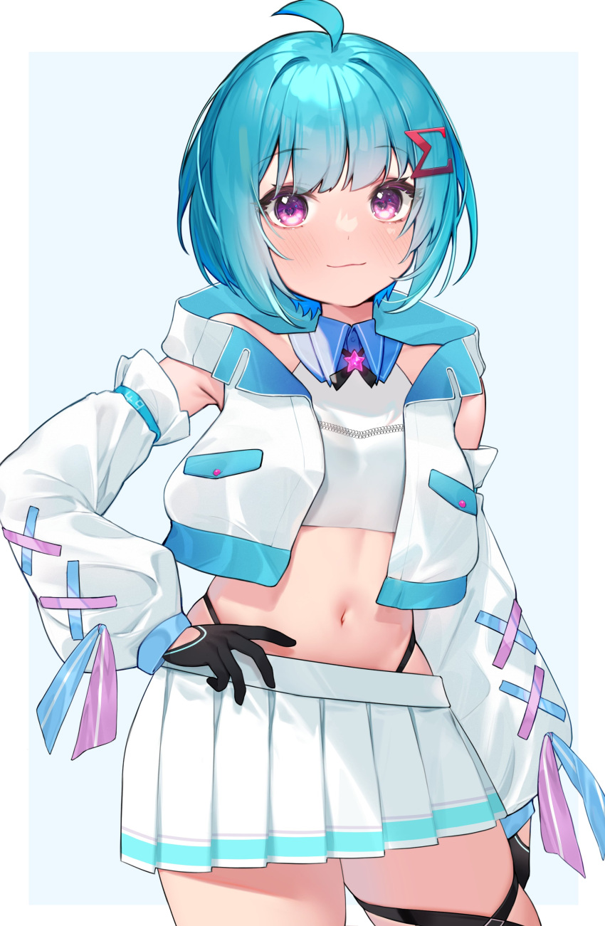 1girl :3 absurdres ahoge armpit_peek black_gloves blue_hair character_request closed_mouth collared_shirt contrapposto cowboy_shot crop_top detached_sleeves flat_chest gloves hair_ornament hand_on_hip highleg highres hoshi_usagi indie_virtual_youtuber jacket long_sleeves looking_at_viewer midriff miniskirt navel open_clothes open_jacket pleated_skirt revealing_clothes shirt short_hair skirt sleeveless sleeveless_shirt smile solo stomach symbol violet_eyes virtual_youtuber white_jacket white_shirt white_skirt