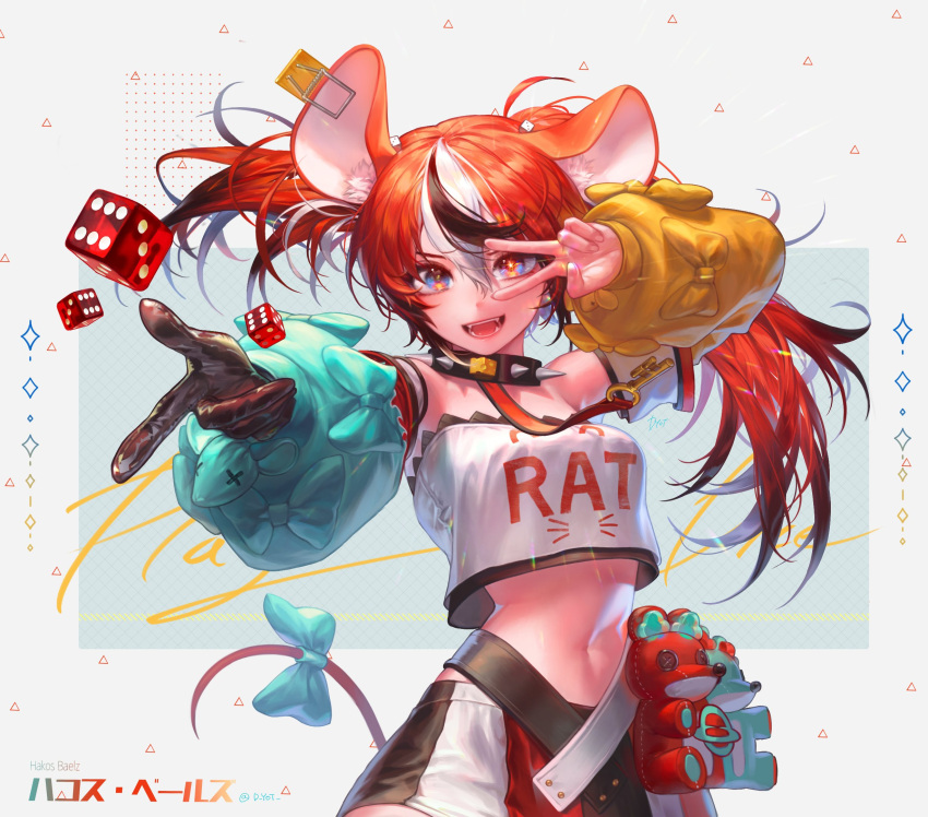 1girl :d animal_ear_fluff animal_ears bangs bare_shoulders black_gloves black_hair blue_bow blue_eyes bow clothes_writing collar commentary crop_top detached_sleeves dice earclip fangs gloves hair_between_eyes hakos_baelz handot_(d_yot_) highres hololive hololive_english key long_hair long_sleeves looking_at_viewer midriff mouse_ears mouse_girl mouse_tail multicolored_hair navel redhead single_glove skirt smile solo spiked_collar spikes strapless streaked_hair stuffed_animal stuffed_toy symbol-only_commentary tail tail_bow tail_ornament tube_top twintails v_over_eye virtual_youtuber white_hair