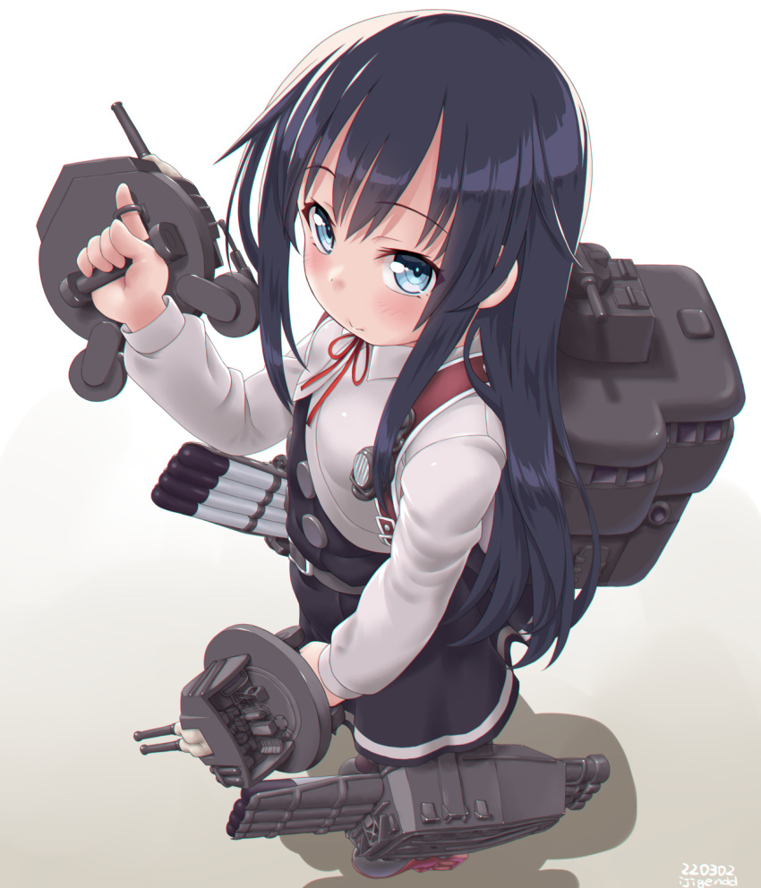 1girl asashio_(kancolle) asashio_kai_ni_(kancolle) black_dress black_hair blue_eyes dated dd_(ijigendd) dress eyebrows_visible_through_hair from_above highres kantai_collection long_hair looking_at_viewer machinery neck_ribbon pinafore_dress red_ribbon ribbon rudder_footwear school_uniform shirt signature simple_background smile solo standing torpedo_launcher torpedo_tubes white_shirt