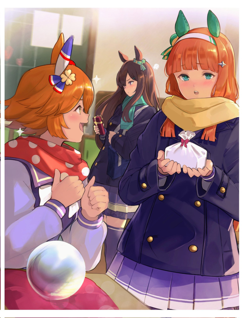 3girls animal_ears bangs blouse blue_coat blunt_bangs blurry blurry_background bow box brown_hair buttons classroom coat commentary_request crystal_ball double-breasted ear_covers ear_ribbon fringe_trim gift gift_box green_eyes green_scarf hair_ornament hairband hairclip highres holding holding_gift horse_ears horse_girl indoors kodai2015 long_hair long_sleeves looking_at_another looking_back matikanefukukitaru_(umamusume) mejiro_dober_(umamusume) miniskirt multiple_girls open_mouth pleated_skirt purple_blouse purple_legwear purple_skirt scarf school_uniform serafuku short_hair silence_suzuka_(umamusume) single_ear_cover sitting skirt smile standing thigh-highs tracen_school_uniform umamusume valentine white_bow white_hairband winter_clothes winter_uniform yellow_scarf