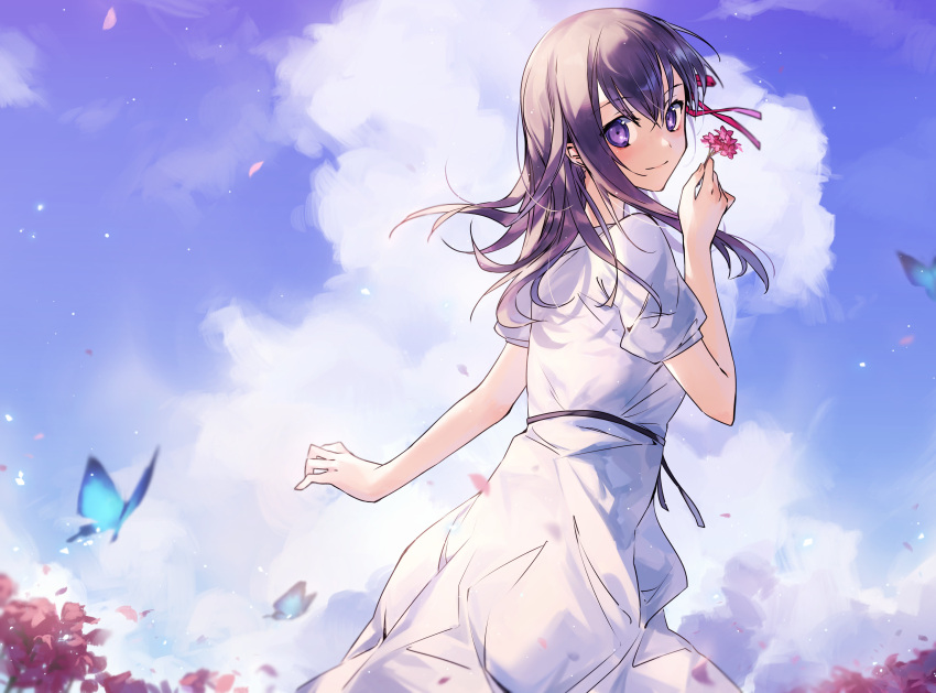 1girl absurdres bangs blue_sky bug butterfly clouds cumulonimbus_cloud day dress eyebrows_visible_through_hair fate/stay_night fate_(series) floating_hair flower hair_between_eyes hair_ribbon highres holding long_hair matou_sakura outdoors purple_hair red_flower red_ribbon ribbon shigure_(shigure_43) shiny shiny_hair short_sleeves sky solo standing straight_hair sundress violet_eyes white_dress