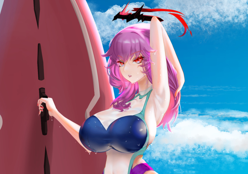 1girl alternate_costume arm_behind_head armpits azibuda azur_lane bangs beach blue_sky breasts clouds competition_swimsuit day duca_degli_abruzzi_(azur_lane) eyebrows_visible_through_hair halo hand_in_hair holding holding_surfboard huge_breasts impossible_clothes impossible_swimsuit long_hair looking_at_viewer multicolored_clothes multicolored_swimsuit nail_polish one-piece_swimsuit open_mouth parted_lips purple_hair red_eyes red_nails skin_tight sky solo surfboard swimsuit upper_body wet wet_clothes wet_swimsuit