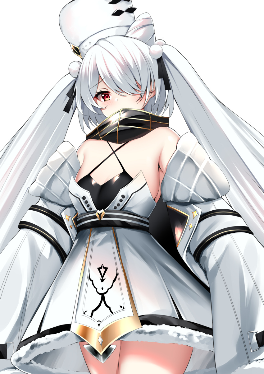1girl absurdres azur_lane bare_shoulders belt breasts catnnn commentary_request covering_mouth cowboy_shot eyebrows_visible_through_hair eyelashes gold_trim hair_ornament hair_over_one_eye hair_ribbon hat highres kiev_(azur_lane) long_hair long_sleeves looking_at_viewer red_eyes ribbon sideboob simple_background skirt sleeves_past_wrists thighs twintails white_background white_hair wide_sleeves