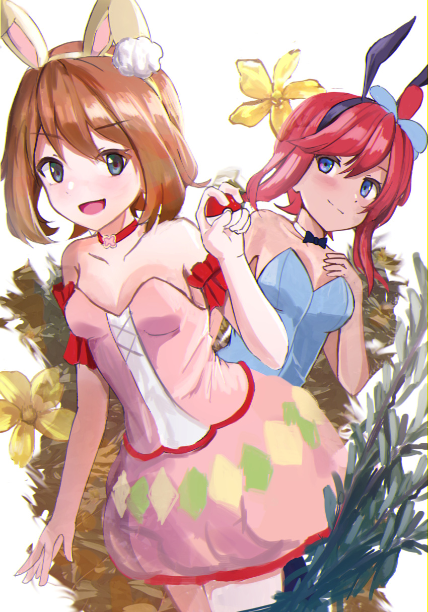 2girls :d alternate_costume animal_ears bangs bare_shoulders blue_eyes breasts brown_hair choker collarbone dress eyebrows_visible_through_hair fake_animal_ears flower grey_eyes highres kubinaga215 looking_at_viewer may_(pokemon) multiple_girls official_alternate_costume pink_dress playboy_bunny pokemon pokemon_(game) pokemon_masters_ex rabbit_ears redhead ribbon_choker skyla_(pokemon) sleeveless smile