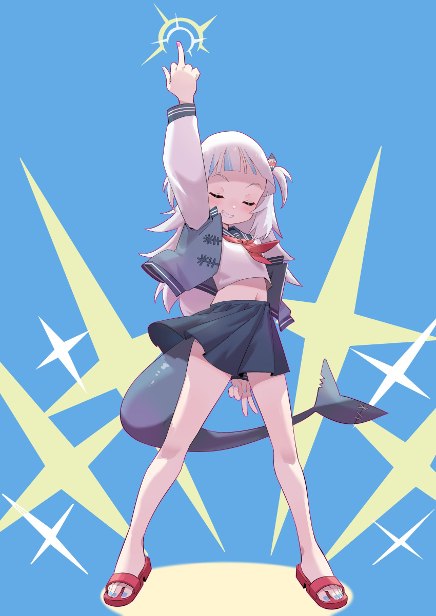 1girl absurdres arm_up bangs bare_legs blue_hair blue_nails blue_sailor_collar blue_skirt blush chen_yang_yang closed_eyes fish_tail full_body gawr_gura grin highres hololive hololive_english jacket long_sleeves middle_finger midriff miniskirt multicolored_hair multicolored_nails nail_polish navel neckerchief open_clothes open_jacket pleated_skirt red_neckerchief sailor_collar sandals shark_tail shirt silver_hair skirt sleeveless sleeveless_jacket smile solo standing streaked_hair tail toenail_polish toenails two_side_up v virtual_youtuber white_shirt