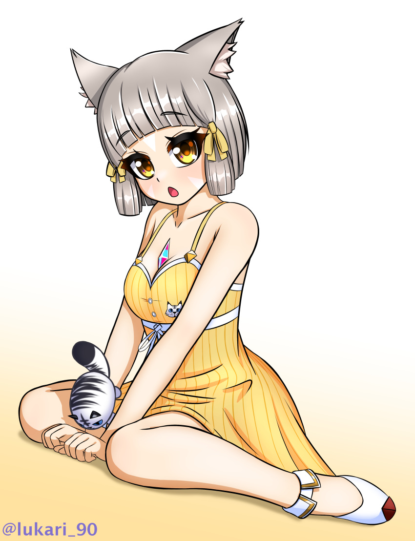 1girl absurdres animal_ears bangs blunt_bangs breasts cat_ears chest_jewel dress_swimsuit dromarch_(xenoblade) facial_mark highres lukari nia_(fancy_sundress)_(xenoblade) nia_(xenoblade) open_mouth short_hair silver_hair small_breasts solo swimsuit xenoblade_chronicles_(series) xenoblade_chronicles_2 yellow_eyes yellow_swimsuit