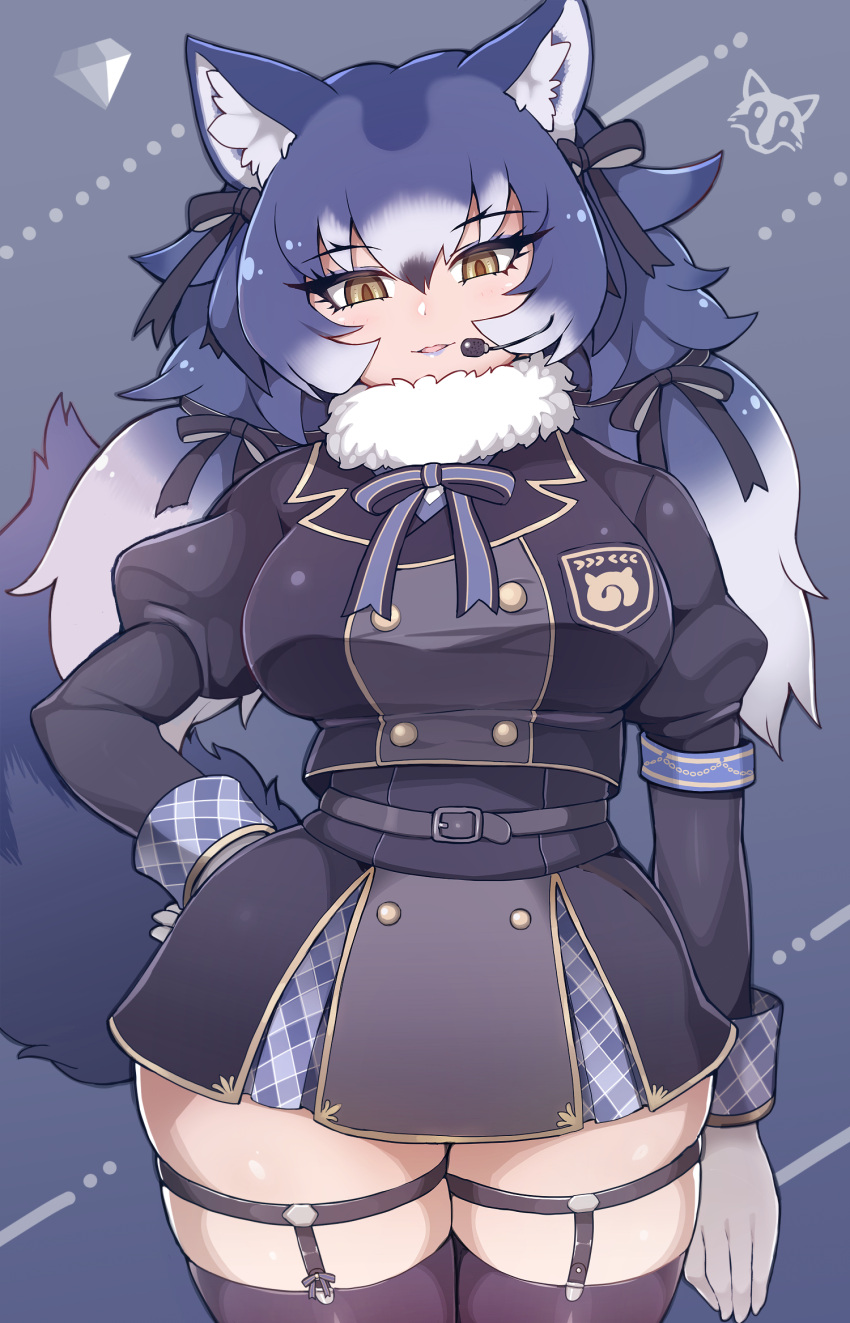 1girl animal_ear_fluff animal_ears arm_at_side armband bangs belt black_hair black_legwear blue_hair blue_lips cowboy_shot dire_wolf_(kemono_friends) empty_eyes eyebrows_visible_through_hair fur_collar garter_straps gloves grey_hair hair_ornament hair_ribbon hand_on_hip head_tilt headset highres jacket juliet_sleeves kemono_friends kemono_friends_v_project leg_garter lipstick long_hair long_sleeves looking_at_viewer makeup microskirt multicolored_hair neck_ribbon official_alternate_costume parted_lips plaid plaid_sleeves plaid_trim puffy_sleeves ribbon skindentation skirt smile solo tail tanaka_kusao thigh-highs twintails virtual_youtuber white_gloves wolf_ears wolf_girl wolf_tail yellow_eyes zettai_ryouiki