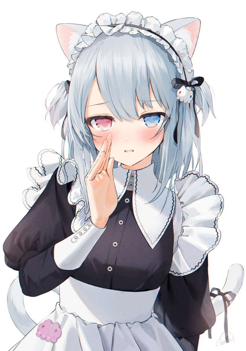 1girl animal_ear_fluff animal_ears arm_at_side bangs black_ribbon blue_eyes breasts cat_ears cat_girl cat_tail clenched_teeth collared_dress confession copyright_request dress frills gotoh510 grey_hair hair_ribbon hand_up heterochromia highres jitome juliet_sleeves long_hair long_sleeves looking_at_viewer maid maid_headdress octopus_hair_ornament parted_lips puffy_sleeves red_eyes ribbon simple_background solo sweat tail tail_ornament tail_ribbon teeth two_side_up whispering white_background