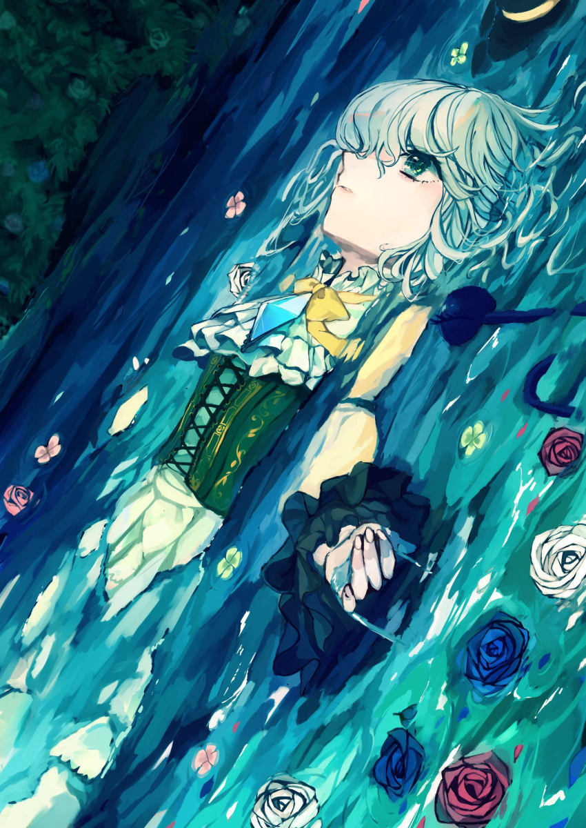 1girl adapted_costume ascot black_headwear blue_flower blue_rose bow bowtie brooch closed_mouth commentary corset diamond_(shape) dress dutch_angle flower frilled_sleeves frills green_eyes green_hair hat hat_removed headwear_removed highres jewelry komeiji_koishi leaf lips long_sleeves looking_up lying_on_water partially_submerged red_flower red_rose rose short_hair solo third_eye touhou tsukikusa water white_ascot white_flower white_rose wide_sleeves yellow_bow yellow_bowtie yellow_dress