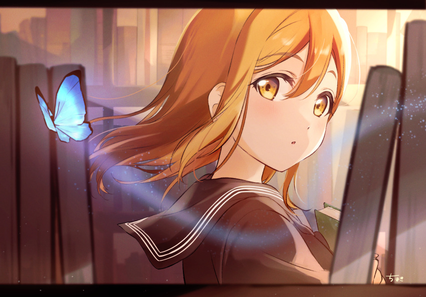 1girl absurdres black_sailor_collar black_shirt blonde_hair bug butterfly collared_shirt floating_hair from_side fuyuu310 highres holding kunikida_hanamaru library long_hair looking_at_viewer looking_to_the_side love_live! love_live!_sunshine!! open_mouth sailor_collar sailor_shirt shiny shiny_hair shirt solo straight_hair upper_body yellow_eyes