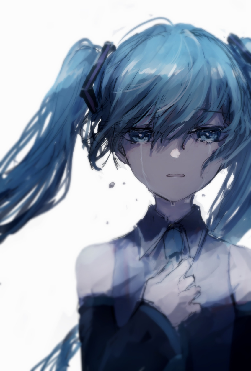1girl bangs black_sleeves blue_eyes blue_hair blue_necktie collared_shirt crying crying_with_eyes_open detached_sleeves eyebrows_visible_through_hair floating_hair grey_shirt hair_between_eyes hatsune_miku highres long_hair long_sleeves looking_at_viewer necktie open_mouth saikisaika shiny shiny_hair shirt simple_background sketch sleeveless sleeveless_shirt solo tears twintails upper_body very_long_hair vocaloid wavy_mouth white_background wing_collar