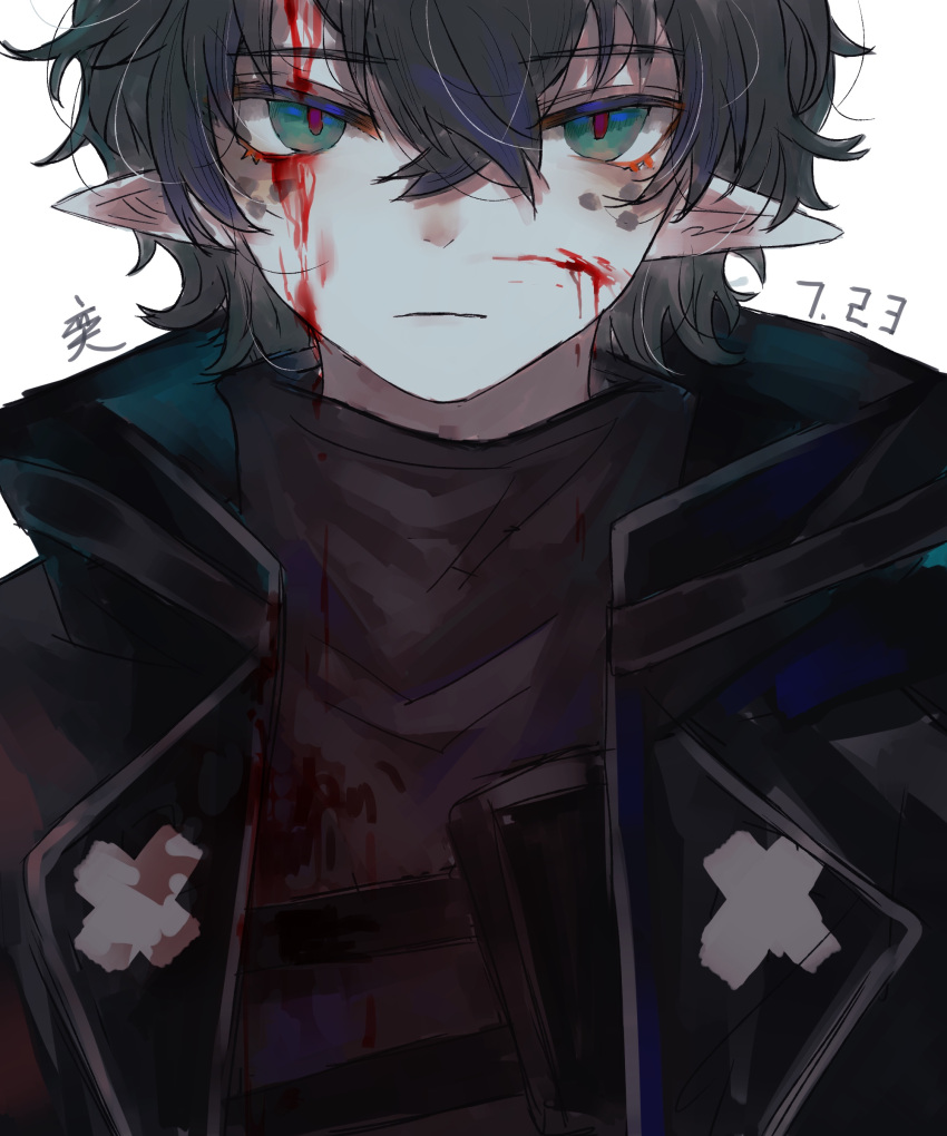 1boy absurdres arknights bishounen black_hair black_shirt blood blood_on_face coat eyebrows_visible_through_hair faust_(arknights) highres kanji male_focus pointy_ears shirt short_hair simple_background solo spots upper_body user_vgmn7242 white_background