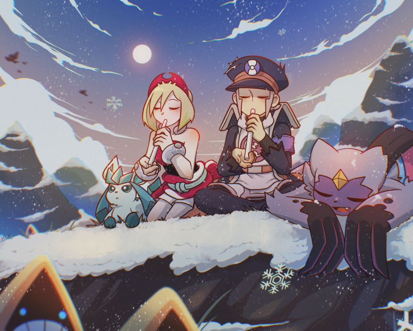 1boy 1girl armband bare_shoulders black_jacket blonde_hair bracelet closed_eyes clouds english_commentary evening flute glaceon grey_hair hat highres indian_style ingo_(pokemon) instrument irida_(pokemon) jacket jewelry kneeling m-hex music obi obijime outdoors pants peaked_cap pearl_clan_outfit playing_flute playing_instrument pokemon pokemon_(game) pokemon_legends:_arceus sash short_hair short_shorts shorts sideburns sitting sleeping sneasler snorunt snow snowflakes snowing sun torc torn_clothes white_shorts