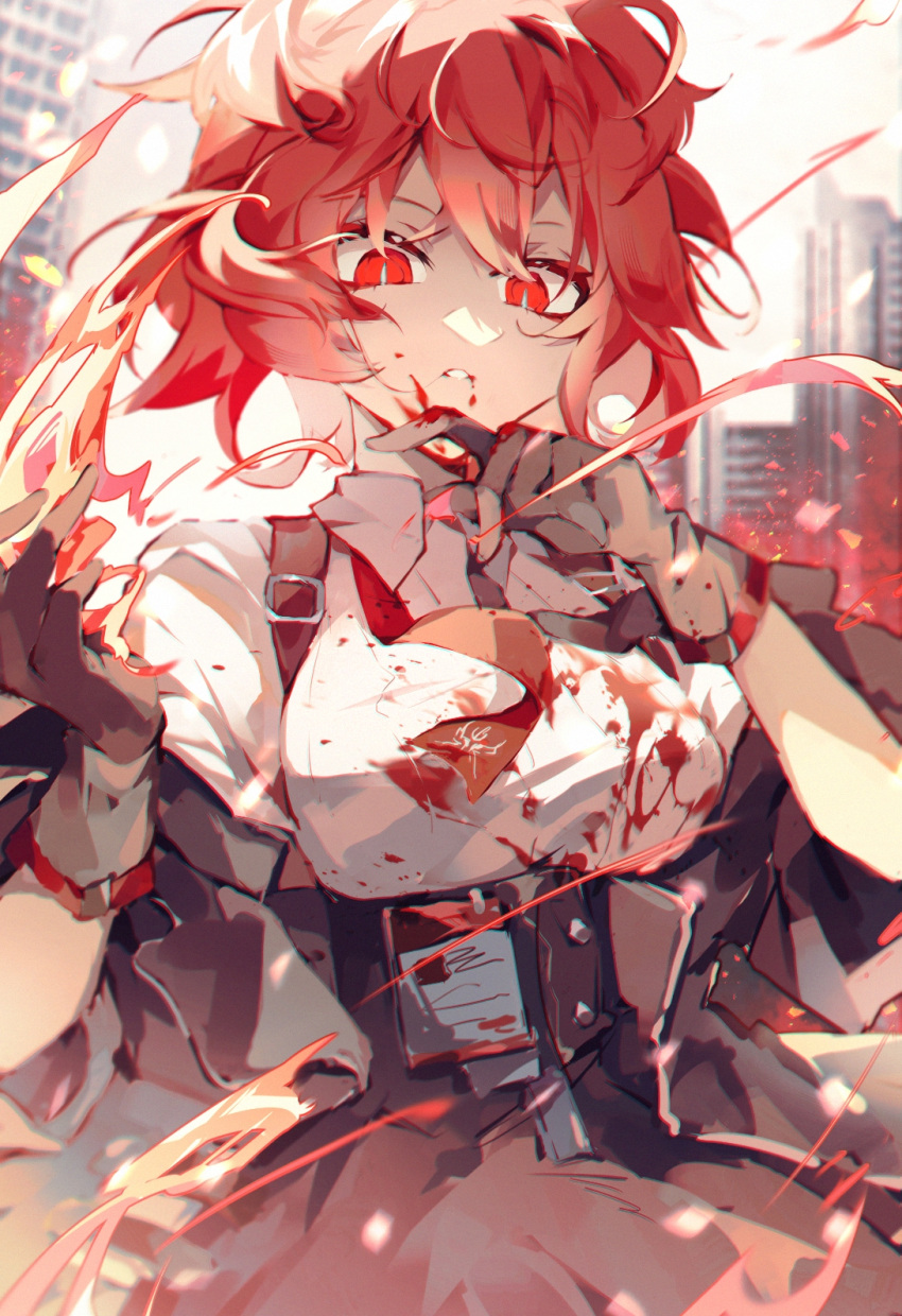 1girl arknights bangs black_gloves black_jacket black_skirt blood blood_on_clothes blood_on_face breasts cityscape collared_shirt cowboy_shot day eyebrows_visible_through_hair fiammetta_(arknights) finger_to_face fire gloves high-waist_skirt highres jacket looking_at_viewer medium_breasts necktie off_shoulder open_clothes open_jacket outdoors parted_lips red_eyes red_necktie redhead sen_(5710265) shirt short_hair skirt solo white_shirt