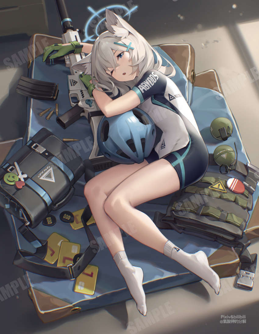 1girl absurdres animal_ear_fluff animal_ears assault_rifle bag bangs bare_legs bilibili_xiaolu blue_archive blue_eyes bodysuit cartridge cross_hair_ornament explosive full_body gloves green_gloves grenade gun hair_between_eyes hair_ornament halo highres long_hair looking_at_viewer lying magazine_(weapon) no_shoes on_side one_eye_closed parted_lips rifle sample_watermark school_bag shiroko_(blue_archive) shiroko_(cycling)_(blue_archive) short_sleeves silver_hair socks solo weapon white_bodysuit white_legwear