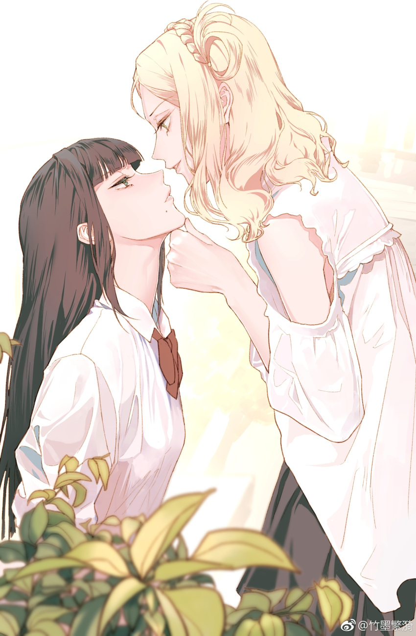 2girls absurdres black_hair black_skirt blonde_hair blurry blurry_foreground bow bowtie braid chinese_commentary clothing_cutout collared_shirt commentary_request crown_braid dress eye_contact from_side green_eyes hair_rings hand_on_another's_chin highres imminent_kiss kurosawa_dia lipgloss lips long_hair long_sleeves looking_at_another love_live! love_live!_sunshine!! medium_hair mole mole_under_mouth multiple_girls ohara_mari profile red_bow red_bowtie school_uniform shirt shoulder_cutout skirt smile white_dress white_shirt yuri zhu_mo_fan_yi