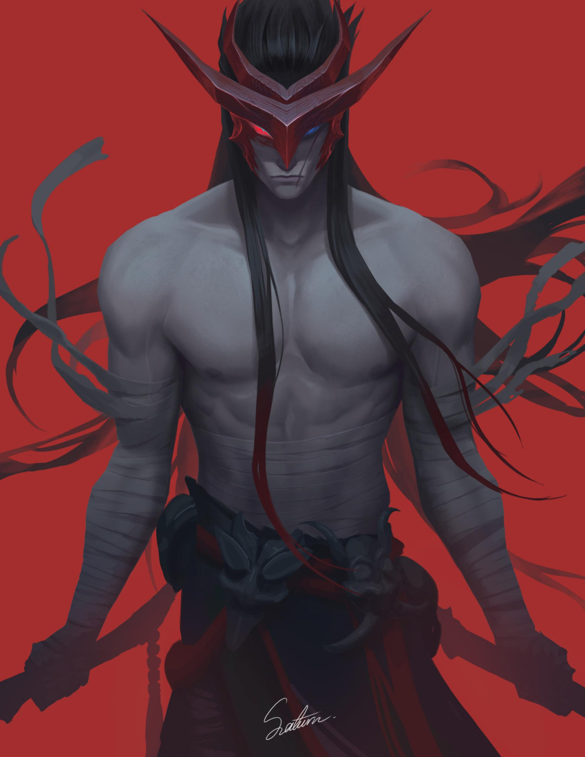 absurdres artist_name bandages bare_pectorals belt biceps black_hair blue_eyes highres katana league_of_legends long_hair looking_at_viewer male_focus manly mask mature_male muscular muscular_male pants pectoral_cleavage pectorals red_background red_eyes saturn_(satscarlet) scar scar_on_face solo sword veins weapon yone_(league_of_legends)